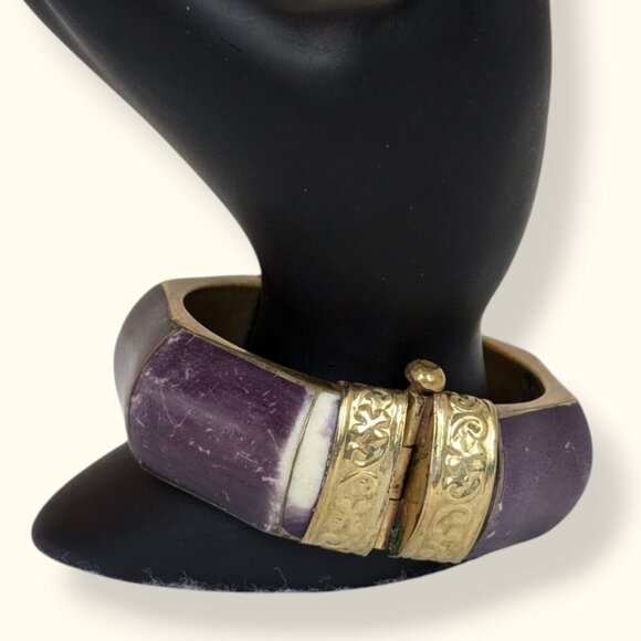 V. Purple Brass & Bone Locking Hinge Bracelet - Picture 1 of 8